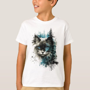 Camiseta Gato Azul Olhos Gatos Motif Art Forest Animal Cat