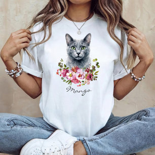 Camiseta Gato Azul Russo em Aquarela