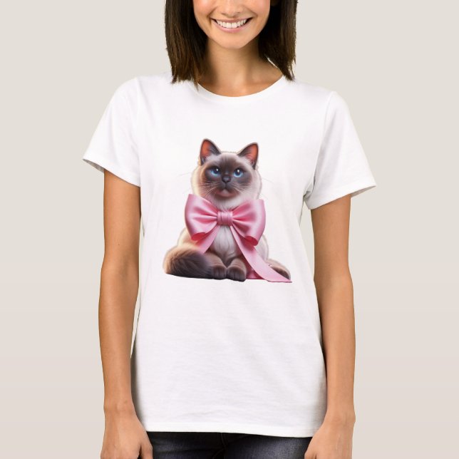 Camiseta gato balinês com arco rosa (Frente)