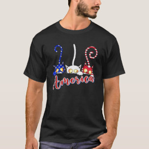 Camiseta Gato Bandeira Americana 4 De Julho Vermelho Branco