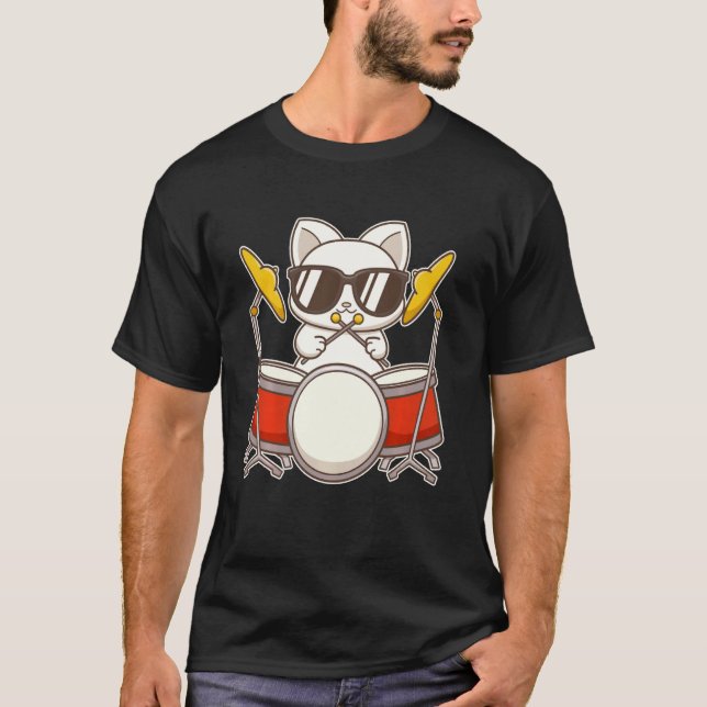 Camiseta Gato baterista fixe com óculos (Frente)