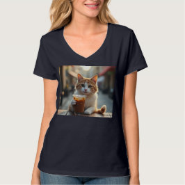 Camiseta Gato Bebendo Café Em Uma Rua