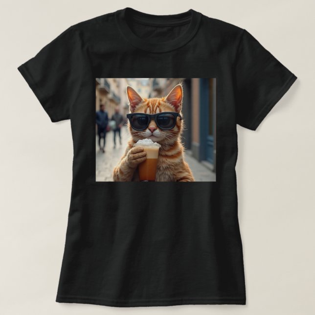 Camiseta Gato Bebendo Café Em Uma Rua (Frente do Design)