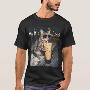 Camiseta Gato bebendo café gelado meme engraçado de animal