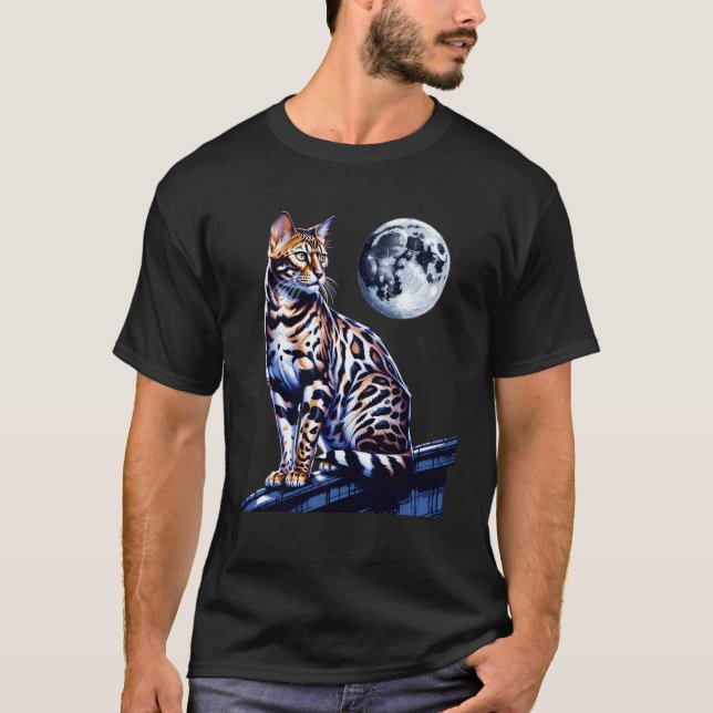 Camiseta Gato Bengal Cena Noturna de Telhado Lua Cheia (Frente)