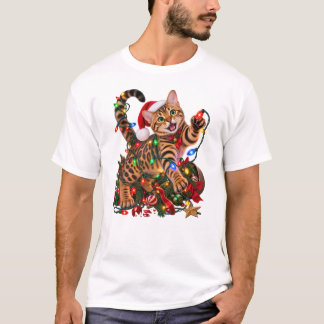 Camiseta Gato Bengal Natal Perseguindo Luzes de Natal