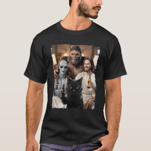 Camiseta Gato Bigfoot Alien Jesus Bebendo Cerveja Meme Fest