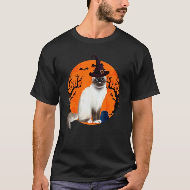 Camiseta Gato Birmanês Chapéu de Bruxa de Halloween e Lua (Frente)