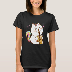 Camiseta Gato Boba Chá Bolha Gato Fofo Unicórnio Bebendo Um