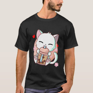 Camiseta Gato Boba Chá Bubble Tea Kawaii Anime Japonês Neko