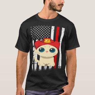 Camiseta Gato Bombeiro Bandeira Americana Linha Vermelha Fi