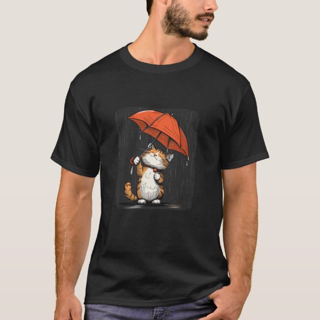 Camiseta Gato bonitinho debaixo de um guarda-chuva vermelho (Frente)