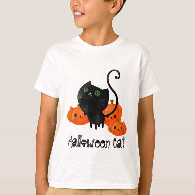 Camiseta Gato bonitinho do Halloween com abóboras (Frente)