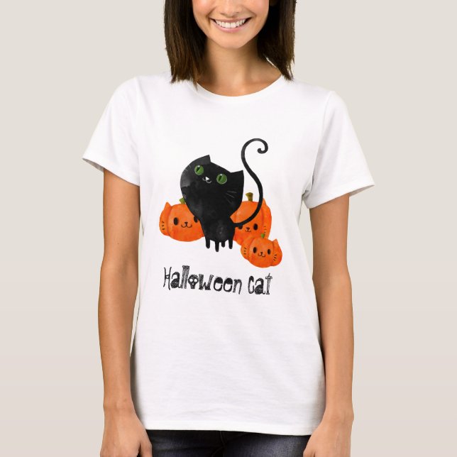 Camiseta Gato bonitinho do Halloween com abóboras (Frente)