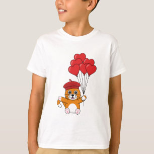 Camiseta Gato Bonito com Balões de Coração Vermelho