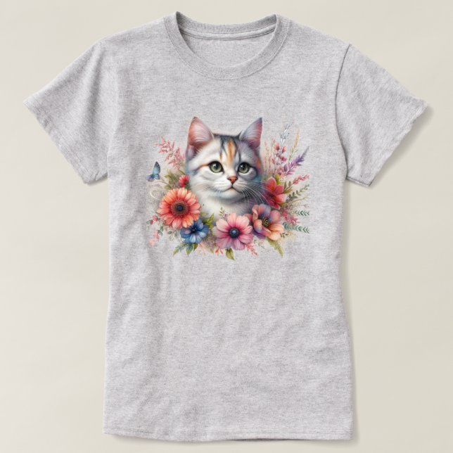 Camiseta Gato Bonito com Flores e Amantes de Gato (Frente do Design)