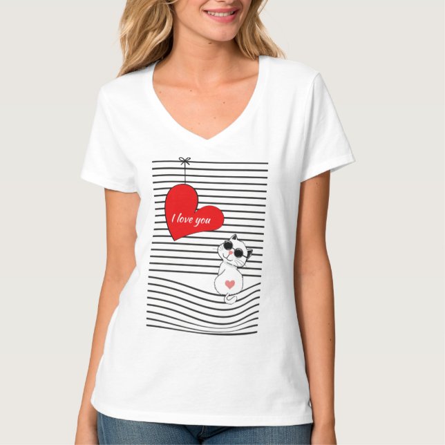 Camiseta Gato Bonito com Óculos de Coração e Sol - Eu Amo V (Frente)
