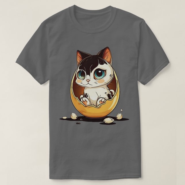 Camiseta Gato Bonito com olhos grandes no ovo (Frente do Design)