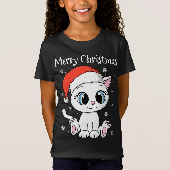 Camiseta Gato bonito com Papai Noel Feliz Natal (Frente)
