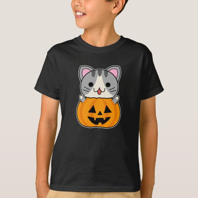 Camiseta Gato Bonito de Halloween em Jack o Lanterna (Frente)