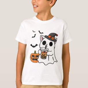 Camiseta Gato Bonito De Halloween No Fantasma Bebendo Boba