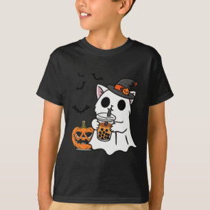 Camiseta Gato Bonito De Halloween No Fantasma Bebendo Boba