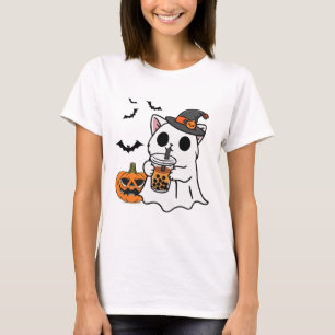 Camiseta Gato Bonito De Halloween No Fantasma Bebendo Boba