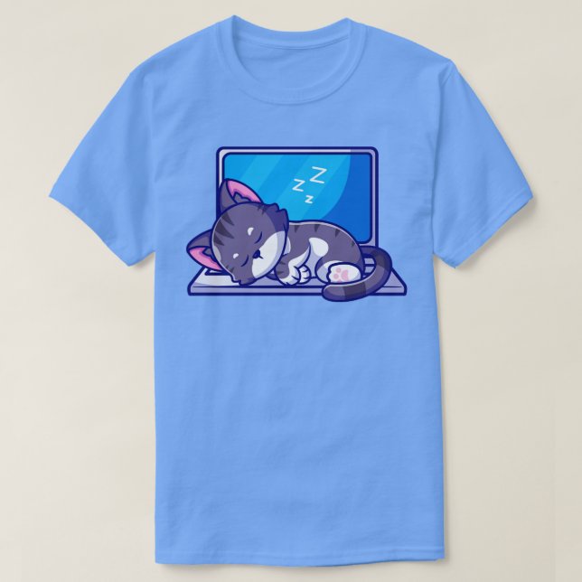 Camiseta Gato Bonito Dormindo Em Cartografia De Laptop (Frente do Design)