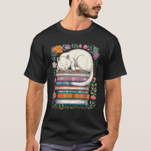Camiseta Gato Bonito Dormindo em Livros Floral