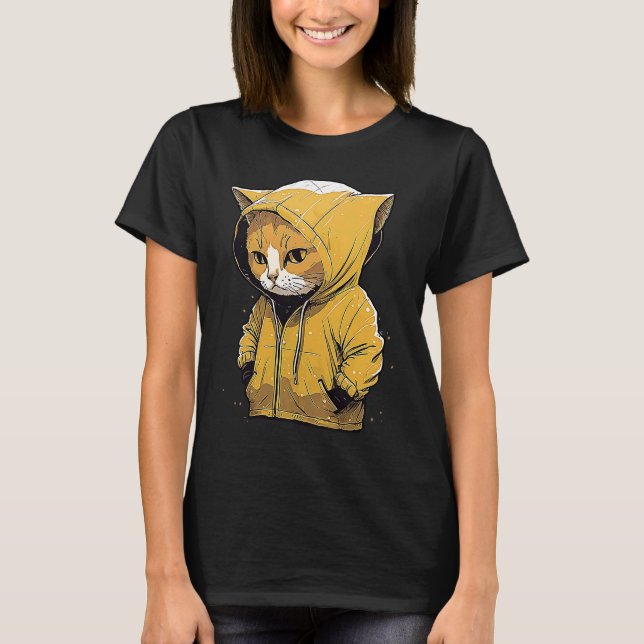 Camiseta Gato Bonito Em Chuva Gato Vestindo Chuva Amarela D (Frente)