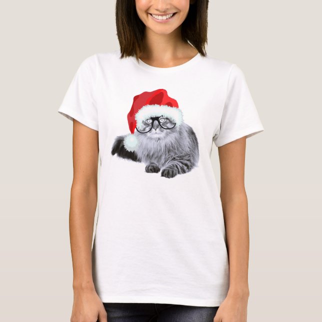 Camiseta Gato bonito engraçado do papai noel no Natal dos (Frente)