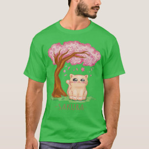 Camiseta Gato Bonito Flor de Cerejeira Japonês Flor Sakura