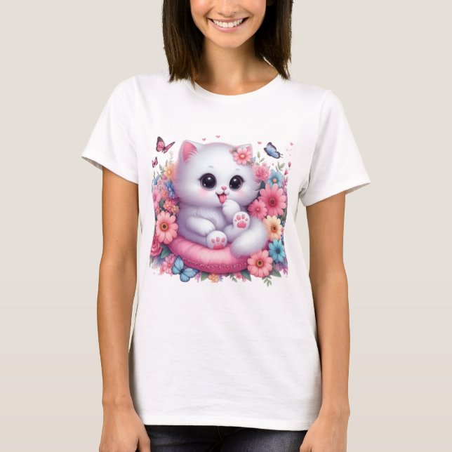 Camiseta Gato bonito, flor linda (Frente)