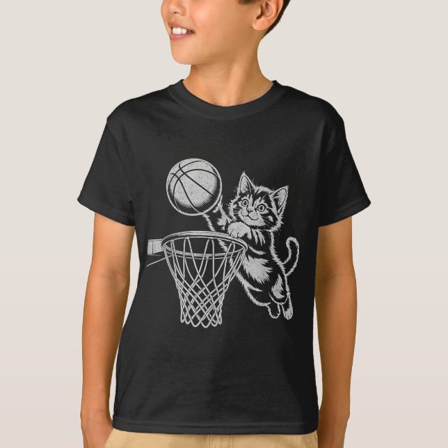 Camiseta Gato Bonito Jogando Basquete Homens Mulheres Crian (Frente)