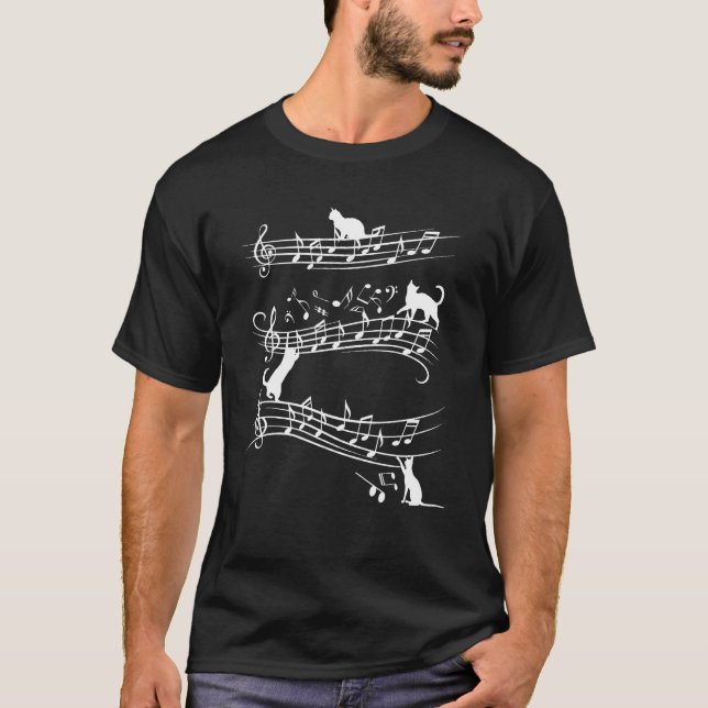 Camiseta Gato Bonito Jogando Em Notas Musicais Piano Mus (Frente)