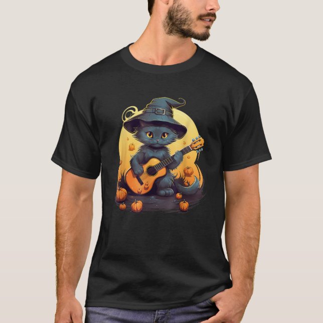 Camiseta Gato Bonito Jogando Violão Acústico Jamming Musico (Frente)