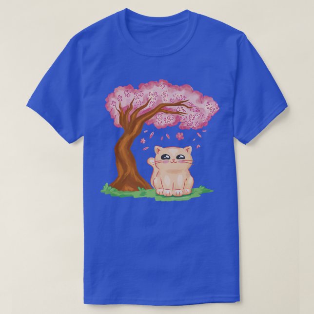 Camiseta Gato bonito Kawaii, cerejeira japonesa Flor Sakura (Frente do Design)