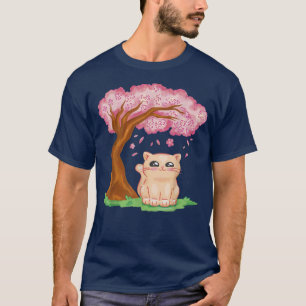 Camiseta Gato bonito Kawaii, cerejeira japonesa Flor Sakura