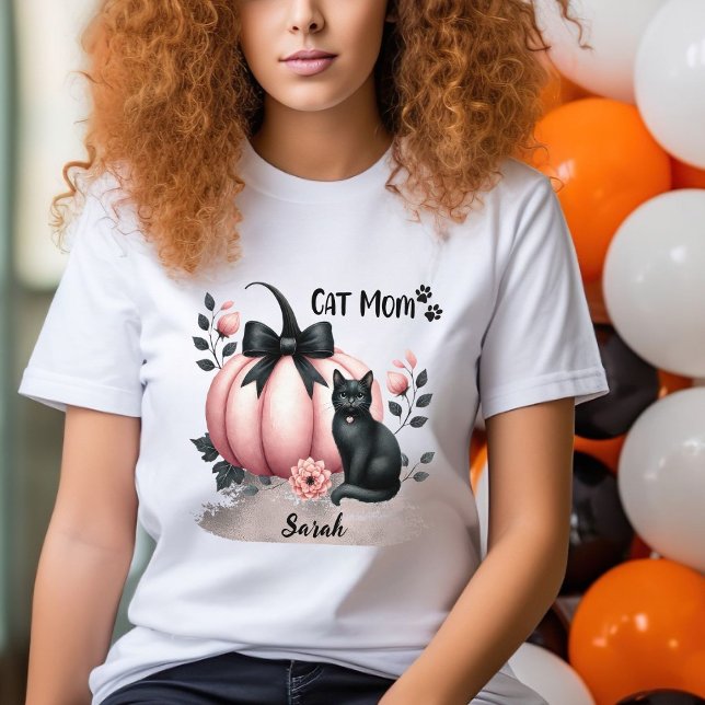 Camiseta Gato Bonito Mãe Halloween Rosa Personalizado (Criador carregado)
