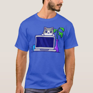 Camiseta Gato Bonito Por Trás Do Laptop