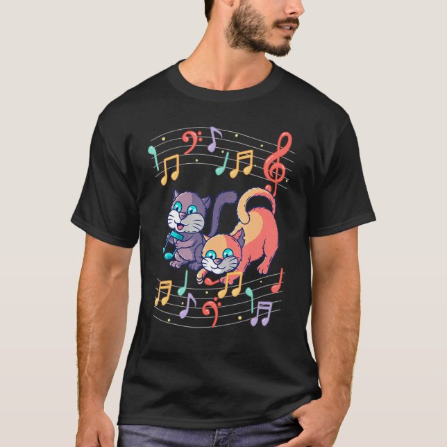Camiseta Gato Bonito Reproduzindo Música Nota Limpa Músico  (Frente)