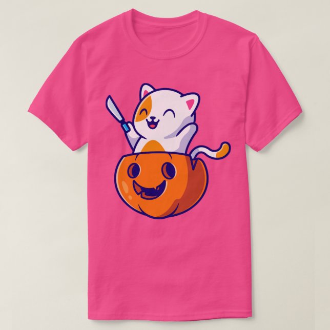 Camiseta Gato Bonito Segurando Faca Em Pumpkin Helloween Ca (Frente do Design)