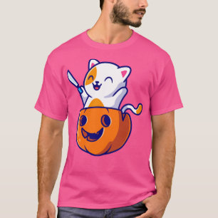 Camiseta Gato Bonito Segurando Faca Em Pumpkin Helloween Ca