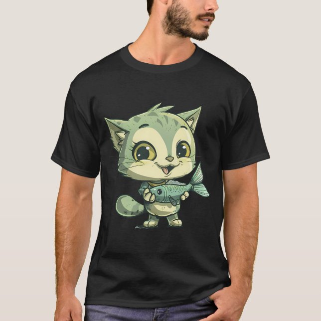 Camiseta gato bonito segurando peixe (Frente)