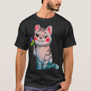 Camiseta Gato Bonito Segurando Um Mês De Nascimento Violeta