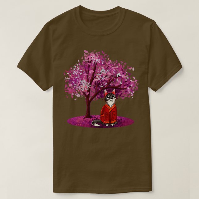 Camiseta Gato Bonito Sob Árvore De Flor (Frente do Design)