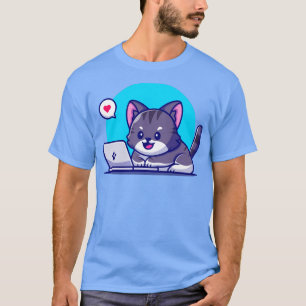 Camiseta Gato Bonito Trabalhando Em Cartografia De Laptop