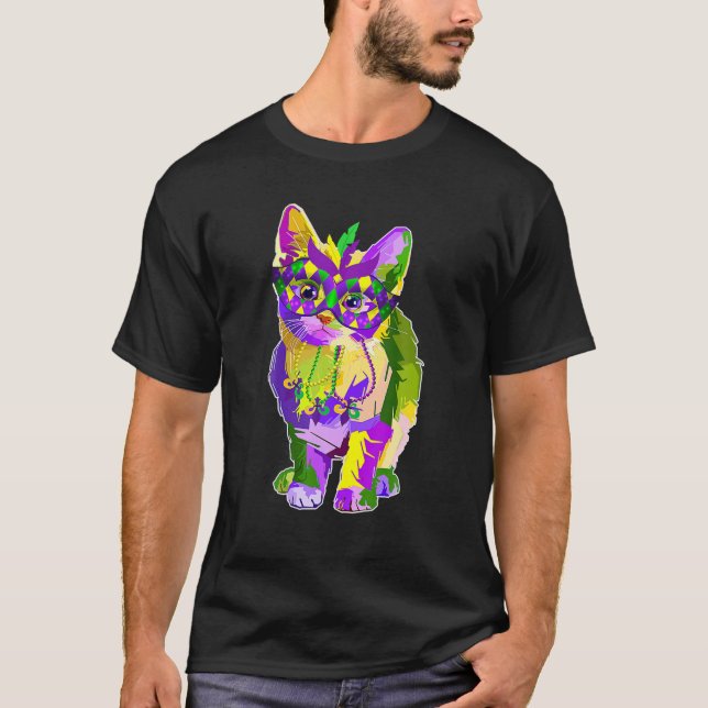 Camiseta Gato Bonito Vestindo Carnaval Máscara Mardi Gras C (Frente)