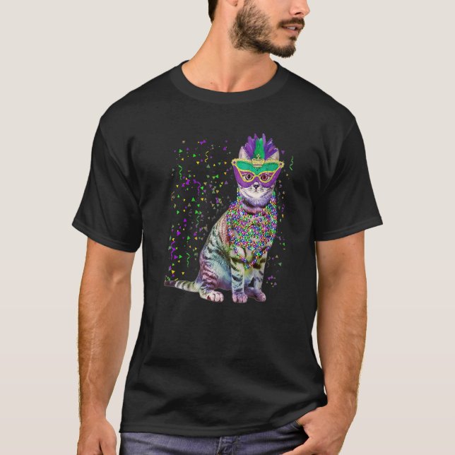 Camiseta Gato Bonito Vestindo Carnaval Máscara Mardi Gras C (Frente)