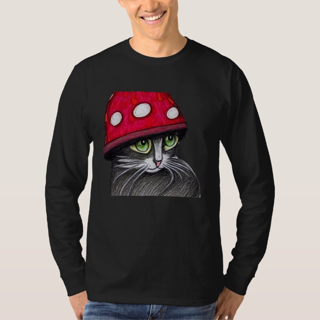 Camiseta Gato Bonito Vestindo Um Chapéu De Cogumelo (Frente)